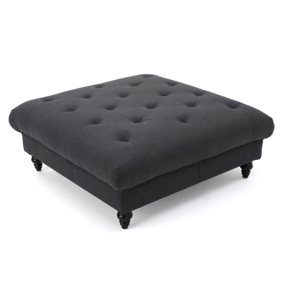 Tufted Ottoman with Upholstered Polyester Blend, Dark Gray