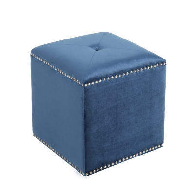 Stylish Ottoman with Cushioned Top, Dark Blue