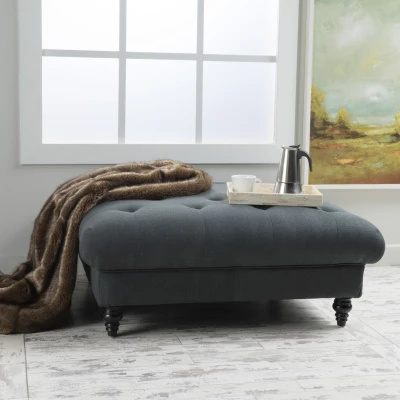 Tufted Ottoman with Upholstered Polyester Blend, Dark Gray