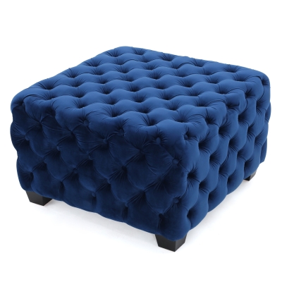 Velvet Ottoman with Cushioned Top, Navy Blue