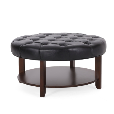 Round Ottoman with Faux Leather Upholstery, Black