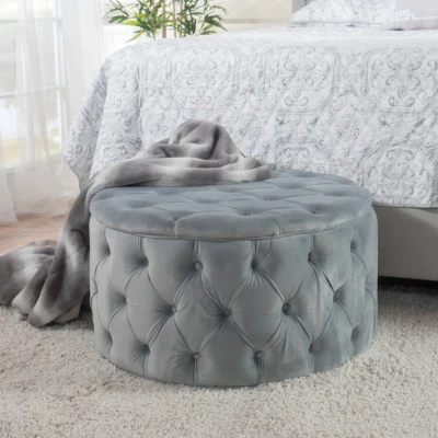 Modern Glam Round Velvet Ottoman with Cushioned Top, Light Grey