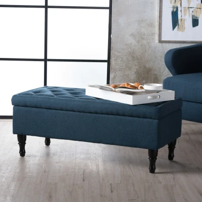Storage Ottoman with Tufted Top and Dark Wooden Legs, Navy Blue