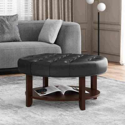 Round Ottoman with Faux Leather Upholstery, Black