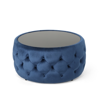 Velvet Ottoman with Cushioned Top, Dark Blue