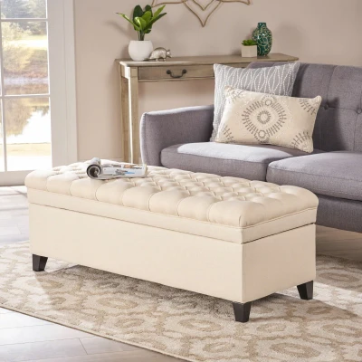 Storage Ottoman with Birch Legs, Beige