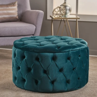 Modern Glam Round Velvet Ottoman with Cushioned Top, Teal