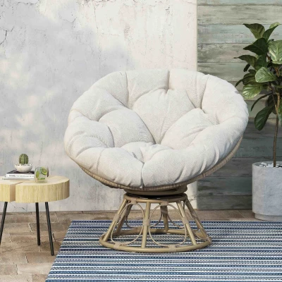 Outdoor Wicker Lounge Chair with Swivel Function, Beige+Light Brown