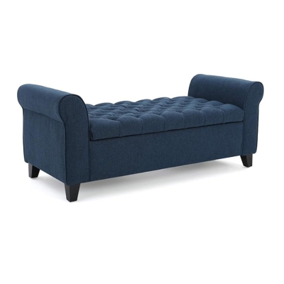 Contemporary Upholstered Ottoman with Rolled Arms and Pressure Hinges, Navy Blue