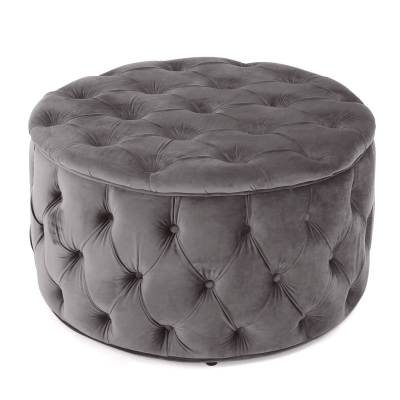 Modern Glam Round Velvet Ottoman with Cushioned Top, Grey