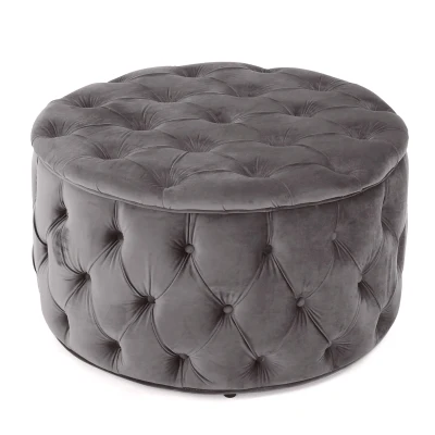 Modern Glam Round Velvet Ottoman with Cushioned Top, Grey