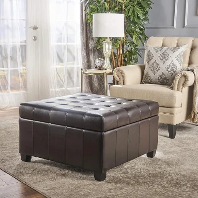 Square Ottoman with Tufted Waffle Stitch, Brown