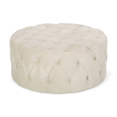 Modern Glam Round Tufted Velvet Ottoman with Cushioned Top, Beige