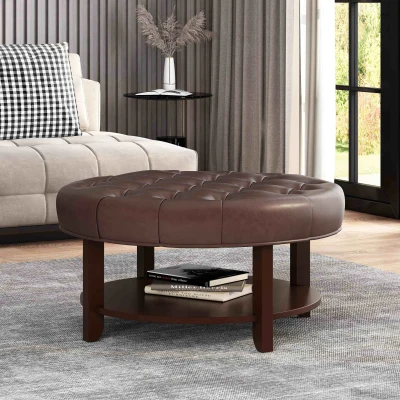 Round Ottoman with Faux Leather Upholstery, Dark Brown