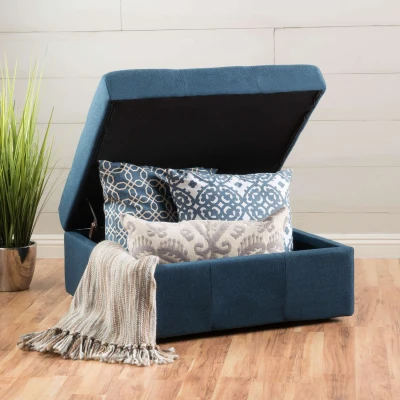 Storage Ottoman with Tufted Waffle Stitch, Navy Blue
