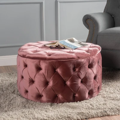 Modern Glam Round Velvet Ottoman with Cushioned Top, Blush