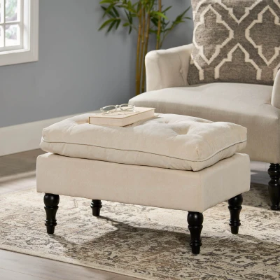 28" Pillow Top Ottoman with Button Tufted Upholstery, Cream