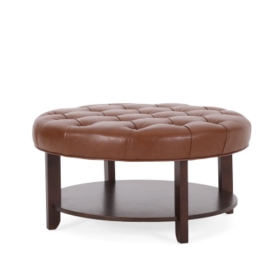 Round Ottoman with Faux Leather Upholstery, Light Brown