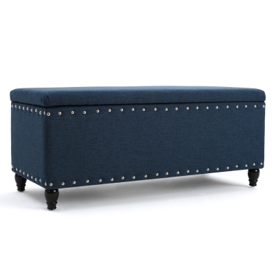 Fabric Storage Ottoman Bench with Solid Wood Construction, Navy Blue