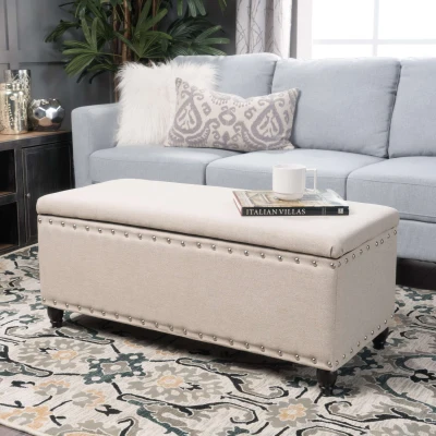 Fabric Storage Ottoman Bench with Solid Wood Construction, Wheat