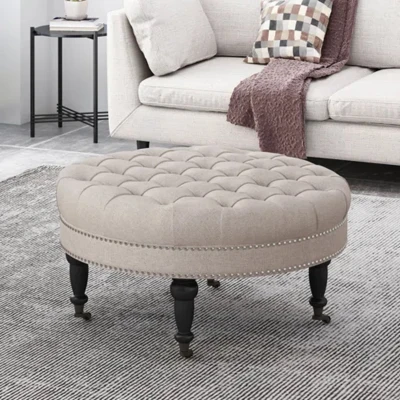 Ottoman with Casters Birch Wood Legs, Wheat