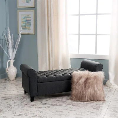 Contemporary Upholstered Ottoman with Rolled Arms and Pressure Hinges, Dark Gray