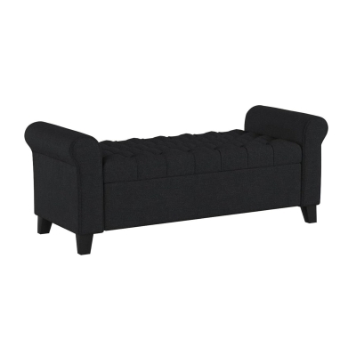 Contemporary Upholstered Ottoman with Rolled Arms and Pressure Hinges, Dark Gray