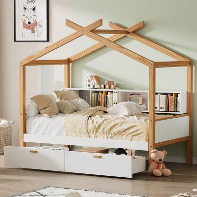 Twin Size Wooden House Bed with Two Drawers and Bookshelf Storage, White+Natural