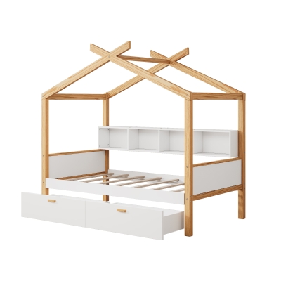 Twin Size Wooden House Bed with Two Drawers and Bookshelf Storage, White+Natural