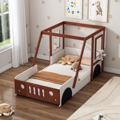 Twin Size Car Bed for Kids, White+Orange