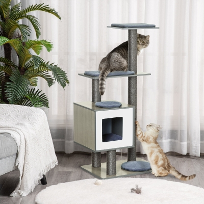 PawHut 47.2" Cat Tree, Kitten Scratcher, Activity Center, Play House with Condo Sisal, Scratching Post, and Mat - Grey