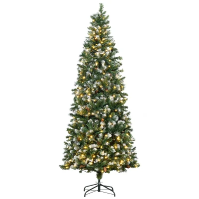 HOMCOM 7.5' Decorated Christmas Trees, Skinny Prelit Artificial Christmas Tree with Snow-dipped Branches, Auto Open, Pinecones
