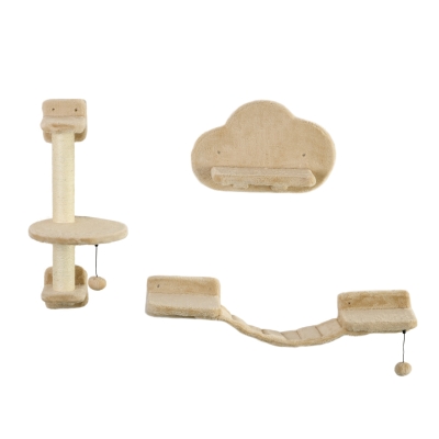 PawHut 3 PCs Cat Wall Climber with Scratching Post, Ladder, Perches, Cloud-Shaped Cat Shelves, Beige