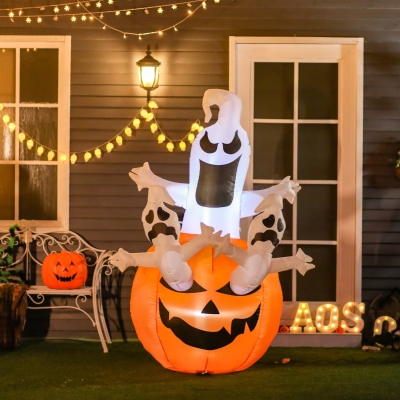 HOMCOM 6FT Tall Halloween Inflatable Jack-O-Lantern and Ghosts, Outdoor Blow Up Yard Decoration with Pumpkin Lantern and LED Lights for Garden, Lawn, Party, Holiday