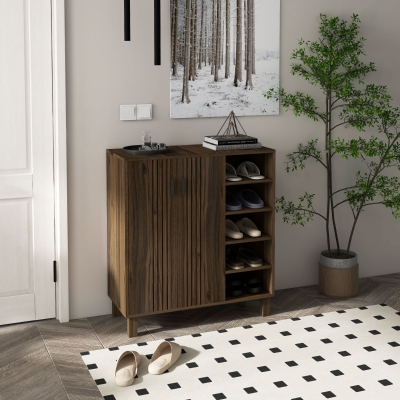 HOMCOM Shoe Storage with Double Doors and Open Shelves 17 Pair Shoe Storage Organizer for Entryway Hallway Walnut