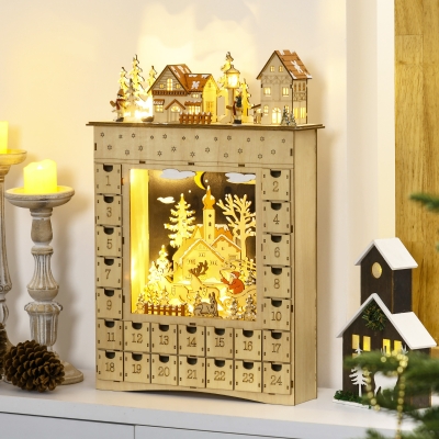 HOMCOM Christmas Advent Calendar, Wooden Countdown to Christmas Table Decoration with 24 Drawers, Lights, Battery Operated