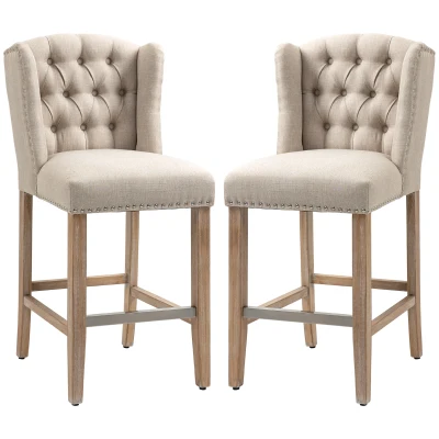 HOMCOM Counter Height Bar Stools Set of 2, Upholstered Bar Chairs with Nailhead Backrest and Footrest, Modern Barstools for Kitchen, Dining Room, Beige