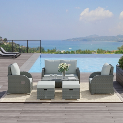 Outsunny 6 PCS Outdoor Rattan Wicker Sofa Set Patio All Weather Furniture w/ Tea Table & Cushion for Backyard Garden Grey