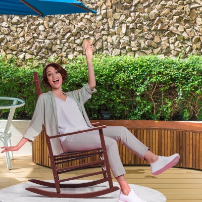 Outsunny Wooden Porch Rocking Chair Outdoor Patio Rocker Garden Single Leisure Reclining Seat Armchair Wine Red
