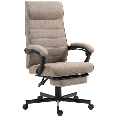 Vinsetto Office Chair, Linen High Back Computer Desk Chair, Swivel Recliner with Adjustable Height, Footrest and Padded Armrest, Brown