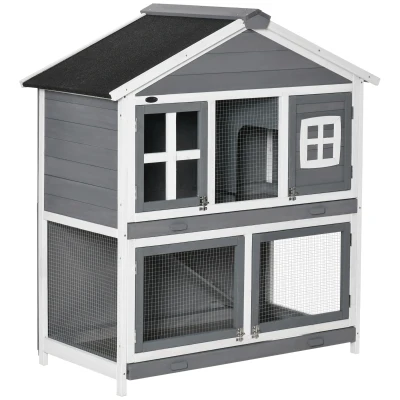 PawHut 49" Wooden Rabbit Hutch 2 Tier Bunny House Pet Playpen Enclosure for Indoor Outdoor with Slide-out Tray, Ramp, for Rabbits and Small Animals, Grey