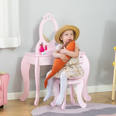 Qaba Kids Vanity Table Set with Mirror and Stool, Drawer, for 3-6 Years, Pink