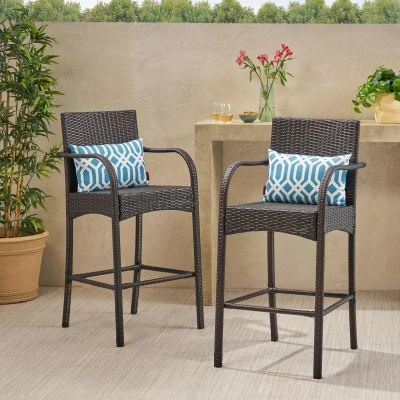 Outdoor Wicker Barstool Chair Set of 2 with Durable Powder-Coated Metal Frame, Brown
