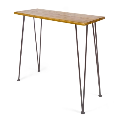 Modern Outdoor Industrial Teak Finished Acacia Wood Bar Table with Iron Hairpin Legs, Brown