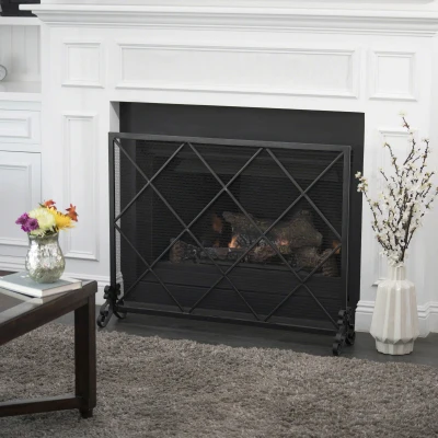 Modern Single Panel Iron Fireplace Screen with Durable Iron Frame, Black