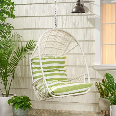 Outdoor/Indoor Wicker Hanging Chair with Water-Resistant Cushions and Faux Rattan, White+Green