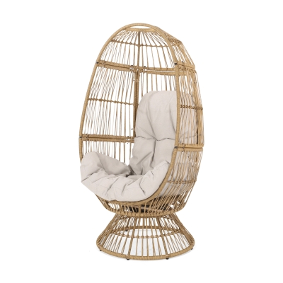Wicker Outdoor Patio Swivel Egg Chair with Basket Shape Design and Water-Resistant Cushions, Natural