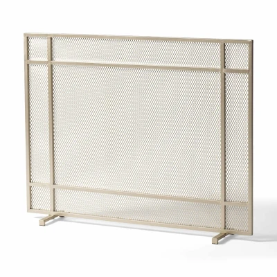 Modern Iron Fire Screen with Single Panel Design and Fine Mesh, Gold