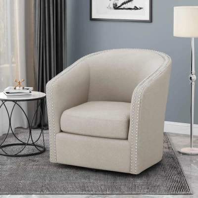 Barrel Style Upholstered Swivel Club Chair with Contemporary Design, Wheat