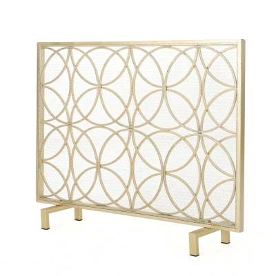 Stylish Single Panel Iron Fireplace Screen With Durable Iron Frame, Gold